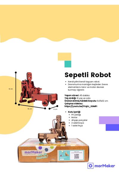 ТУРСКО ПРОИЗВОДСТВО робот со корпа и DC мотор, дрвена играчка STEM-A сет, макета за боење за деца