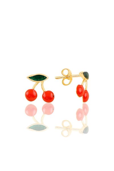 Silver Gold Gilded Enamel Cherry Child Earrings Sgtl12377Gold