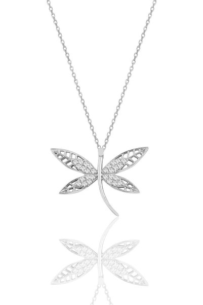 White Silver Dragonfly Necklace - Gold Rhodium and Zirconia Sgtl11141Rodaj