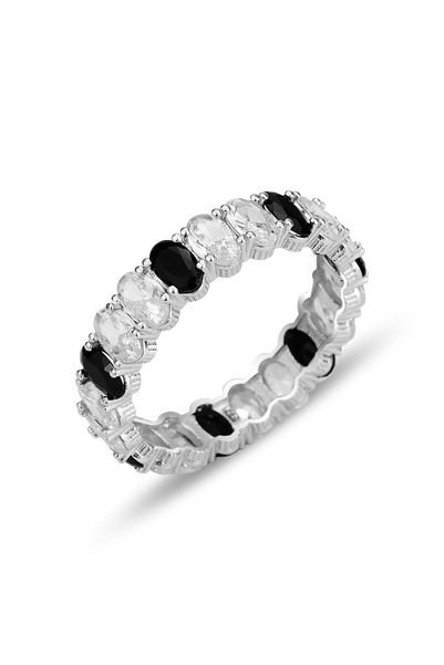 Silver Rhodium Oval Baguette Cut Onix and Zircon Stone Tamtur Ring Sgtl12399Black