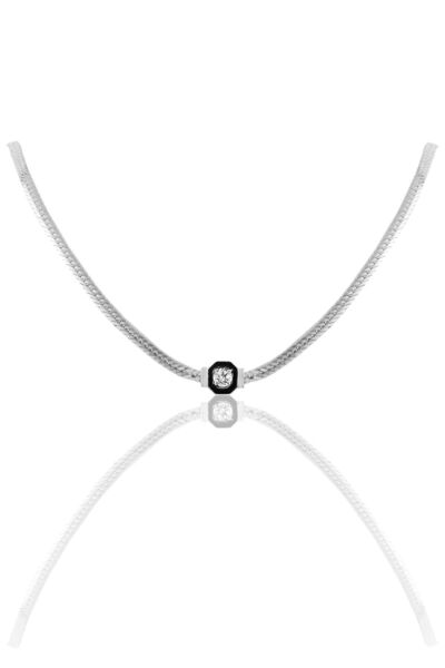 Silver Single Stone and Enameled Fish Back Chain Serenay Necklace Sgtl10018Rodaj