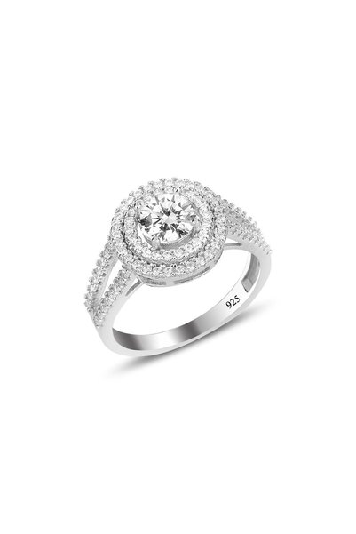 Silver Rhodium Zircon Cubic Zirconia Diamond Mounted Round Ring Sgtl12088