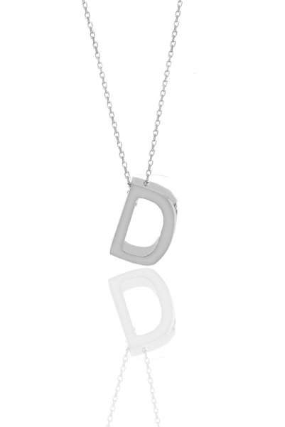 Silver Rhodium Three-Dimensional Minimal D Letter Necklace Sgtl11181D