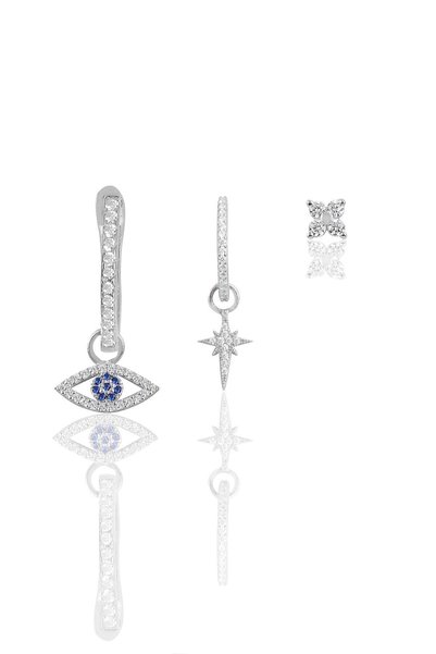 Silver Rhodium Zircon Cubic Zirconia Combination Triple Earring Set Sgtl11648Rodaj