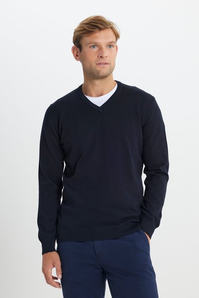 Men's Navy Blue Cotton Standard Fit Regular Cut V-Neck Basic Knitwear Sweater