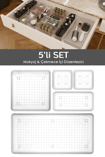 5-Piece Multi-Purpose Drawer Organizer - Cosmetic Jewelry Makeup Organizer, Transparent Cabinet Organizer