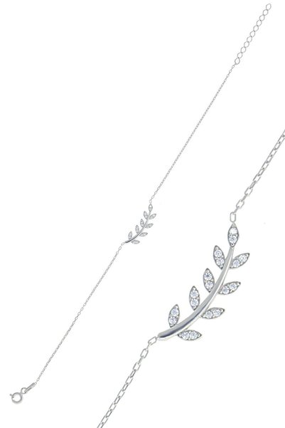 Silver Rhodium Zircon Stone Leaf Bracelet Sgtl10291Rodaj