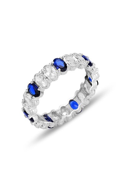 Silver Rhodium Oval Baguette Cut Sapphire and Zircon Stone Tamtur Ring Sgtl12399Sapphire