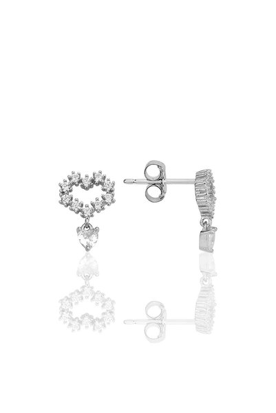 Silver Rhodium Plated Zircon Stone Hanging Heart Earrings Sgtl12335Rodaj