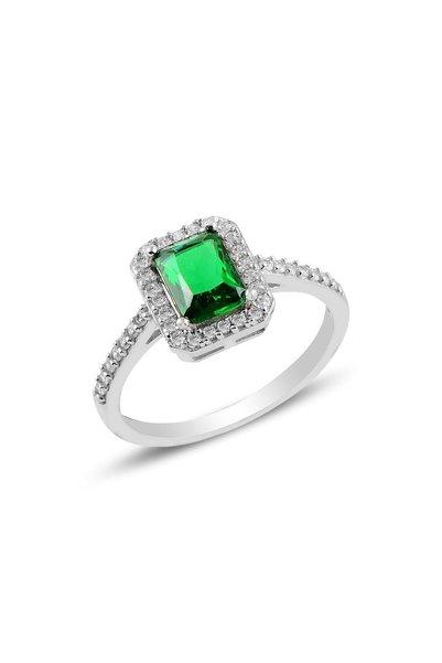 Silver Rhodium Emerald Baguette Stone Ring Sgtl10674