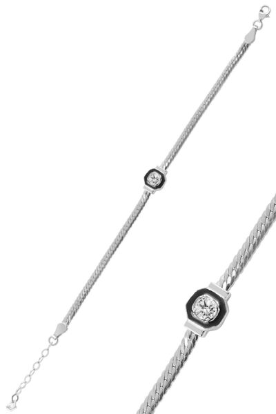Silver Single Stone and Enameled Herringbone Chain Serenay Bracelet Sgtl10019Rodaj Sgtl10019Rodaj