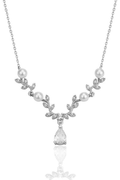 Silver Rhodium Plated Pearl and Zircon Stone Leaf Figuring Princess Necklace Sgtl12355Rodaj