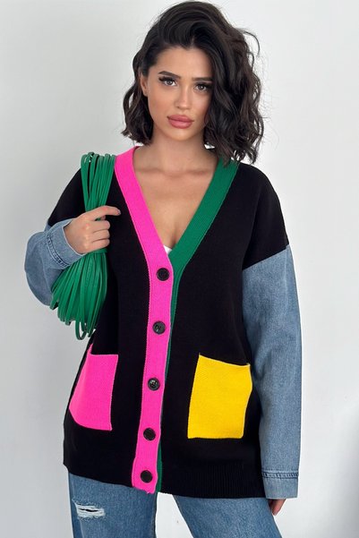 Kolu Kot Standard Size Knitwear Cardigan with Colorful Pocket Detail and Buttons Oversize