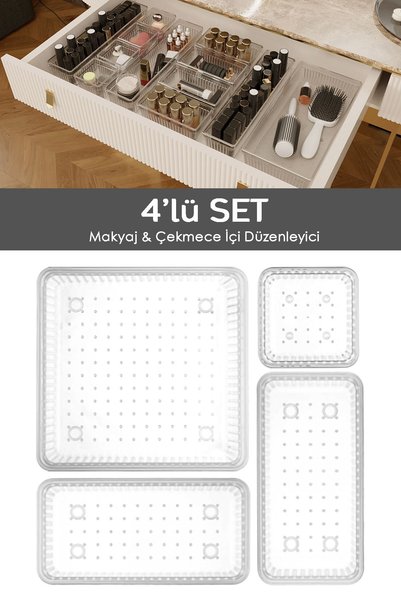 4-Piece Multi-Purpose Drawer Organizer - Cosmetic Jewelry Makeup Organizer, Transparent Cabinet Organizer