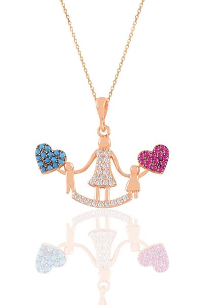 Silver Rose Root Ruby and Turquoise Stone Hearted Mother and Children Necklace Sgtl11205rose