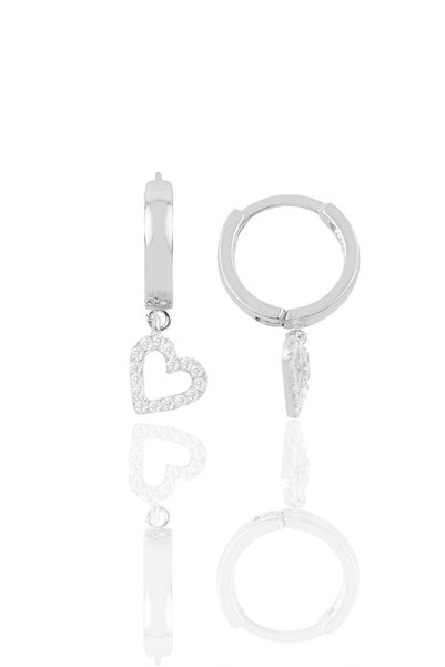 Silver Rhodium Plated Heart Model Hoop Earrings with Zirconia Sgtl12388Rodaj