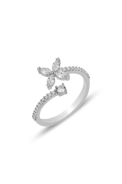 Silver Rhodium Zircon Cubic Zirconia Four Leaf Clover Adjustable Ring Sgtl11993Rodaj