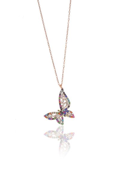Women's Silver Rose Mix Stone Baguette Butterfly Necklace Sgtl8985