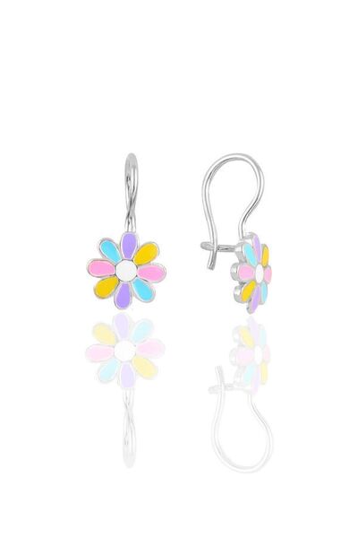 Silver Colored Enamel Daisy Children's Earrings Sgtl10415Rodajrenkli