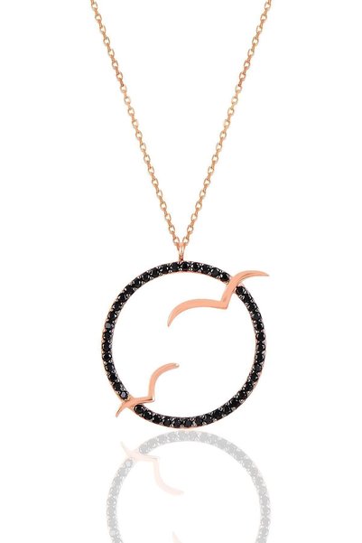 Silver Rose Black Stone Double Seagull Necklace Sgtl10890Syh