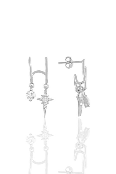 Silver Rhodium Plated Zircon Stone Double Look Silver North Star Earrings Sgtl10697rodaj