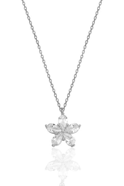 Silver Rhodium Drop Cut Zircon Stone Flower Pendant Sgtl12408White