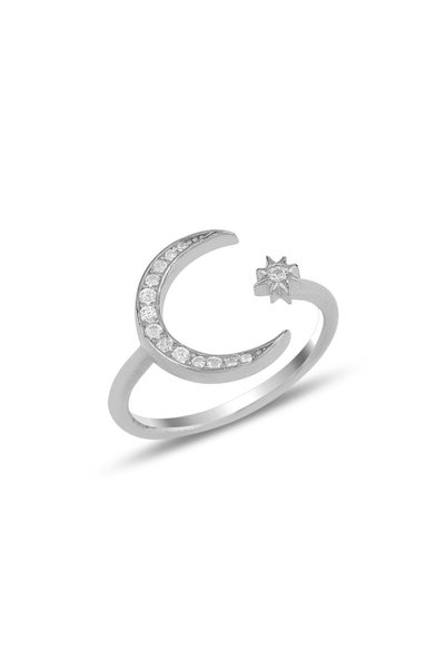 Silver Rhodium Adjusted Moon Star Ring Sgtl11683Rodaj