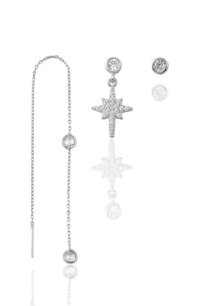 Silver Rhodium Zircon Stone Polar Star Combination Triple Earring Set Sgtl11381Rodaj