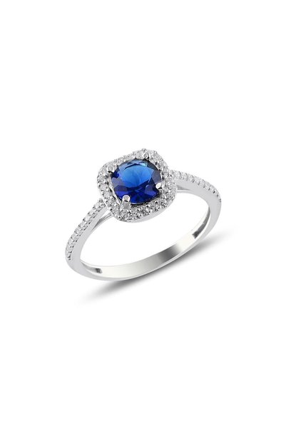 Silver Rhodium Sapphire Cubic Zirconia Square Ring Sgtl10764