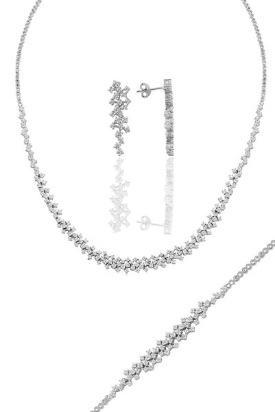 Silver White Gold Rhodium Plated Diamond Model Zircon Stone Waterway Silver Set. Sgtl11341