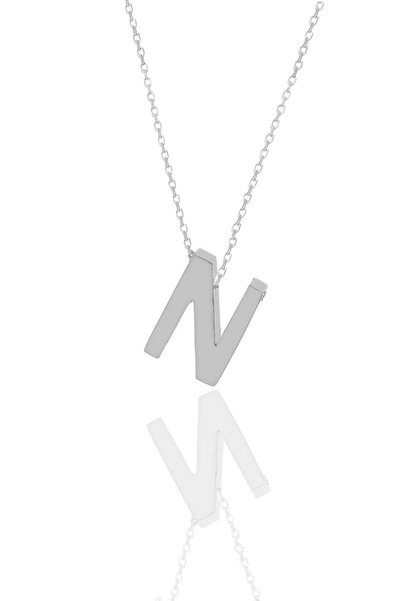 Silver Rhodium Three-Dimensional Minimal N Letter Necklace Sgtl11181N