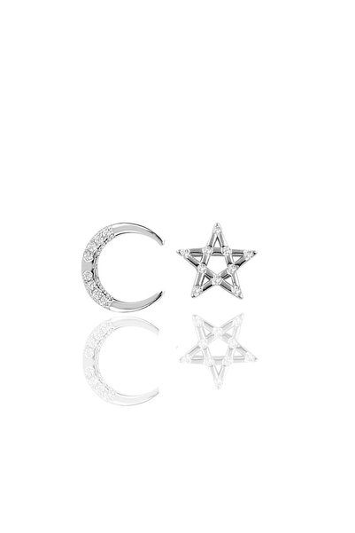 Silver Rhodium Zircon Stone Moon Star Combination Earrings Sgtl11426Rodaj