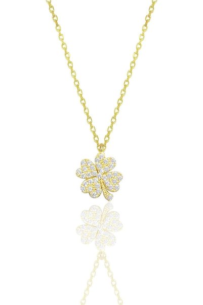 Silver Gold Gilded Zircon Stone Four Leaf Clover Necklace Sgtl10499Gold