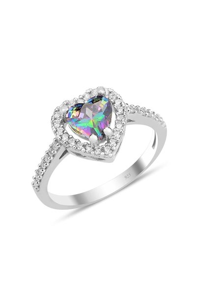 Silver rhodium plated mystic stone diamond mounted heart model ring SGTL12081MISTIK