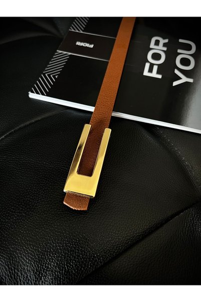 Design Thin Tan Women's Belt with Gold Buckle, Coat Belt, Shirt Belt, Dress Belt