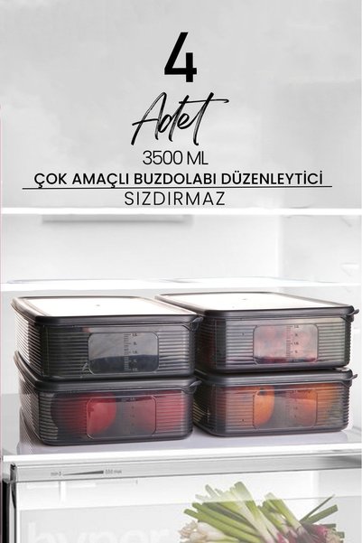 4 Pieces of 3.5 Liter Refrigerator Organizer Rectangular Erzak Storage Container Set - Organizer 3500ml