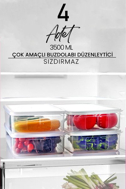 4 Pieces 3500 ml 3.5 Lt Fruit Vegetable and Salad Storage Container with Strainer
