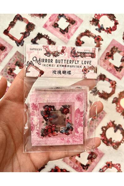 Серија Mirror Butterfly, рамка со шарени цвеќиња и пеперутки, 30 парчиња проѕирни налепници/етикети