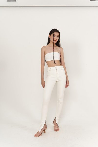 High Waist Zippered Lycra Split Jean Trousers White
