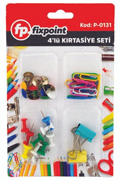 Сет од 4 канцелариски материјали: штипка, чивија, спајалица, игла