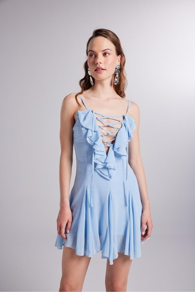 Ruffle Detailed Chiffon Mini Sorento Dress Blue