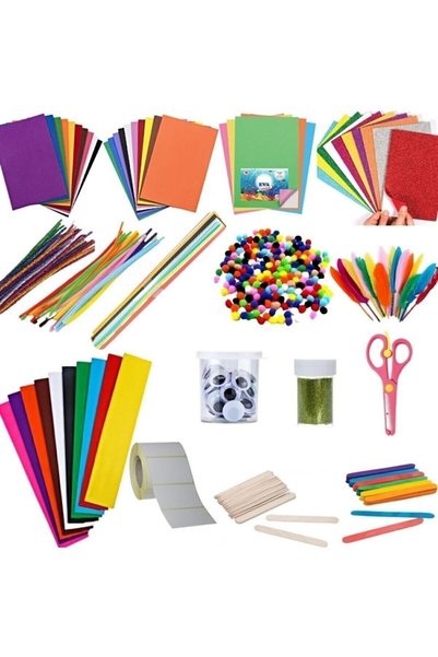 Kindergarten Activity Set Chenille - Pompom - Moving Eye - Eva Foam - Colored Feather - Scissors - Tongue Stick O.S