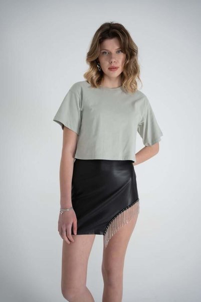 Short Sleeve Crew Neck Basic Voile T-Shirt Khaki