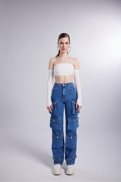 High Waist Wide Leg Cargo Jean Trousers Blue