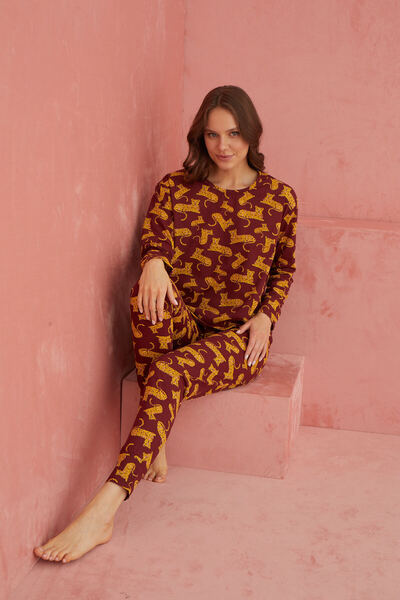 Burgundy Tiger Patterned Long Sleeve Knitted Pajama Set
