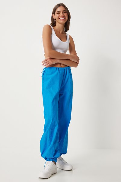 Women's Blue Pocketed Parachute Baggy Pants Fn03274