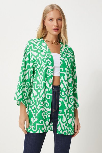 Women's Green Ecru Patterned Viscose Kimono EN00615