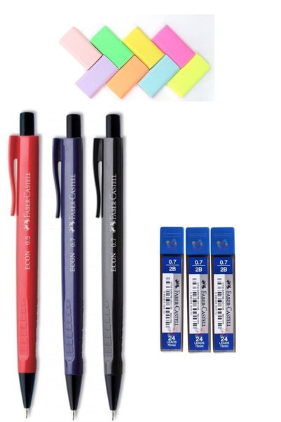 Econ Mechanical Pencil 3 Pieces + 3 Pieces 0.7 Lead + 8 Pieces Pastel Eraser 2022 New Design