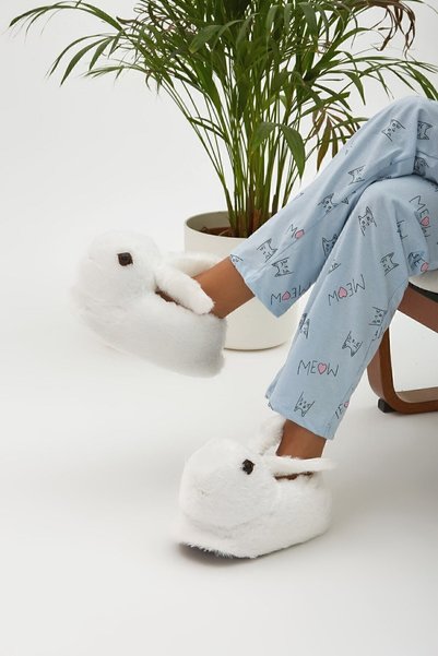 White Animal Silent Slippers Plush House Shoes with Rabbit Figure (Embroidery Like in the Video)
