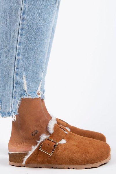 Zeta Furry Women's Genuine Leather Buckle Belted Furry Tan Suede Slippers